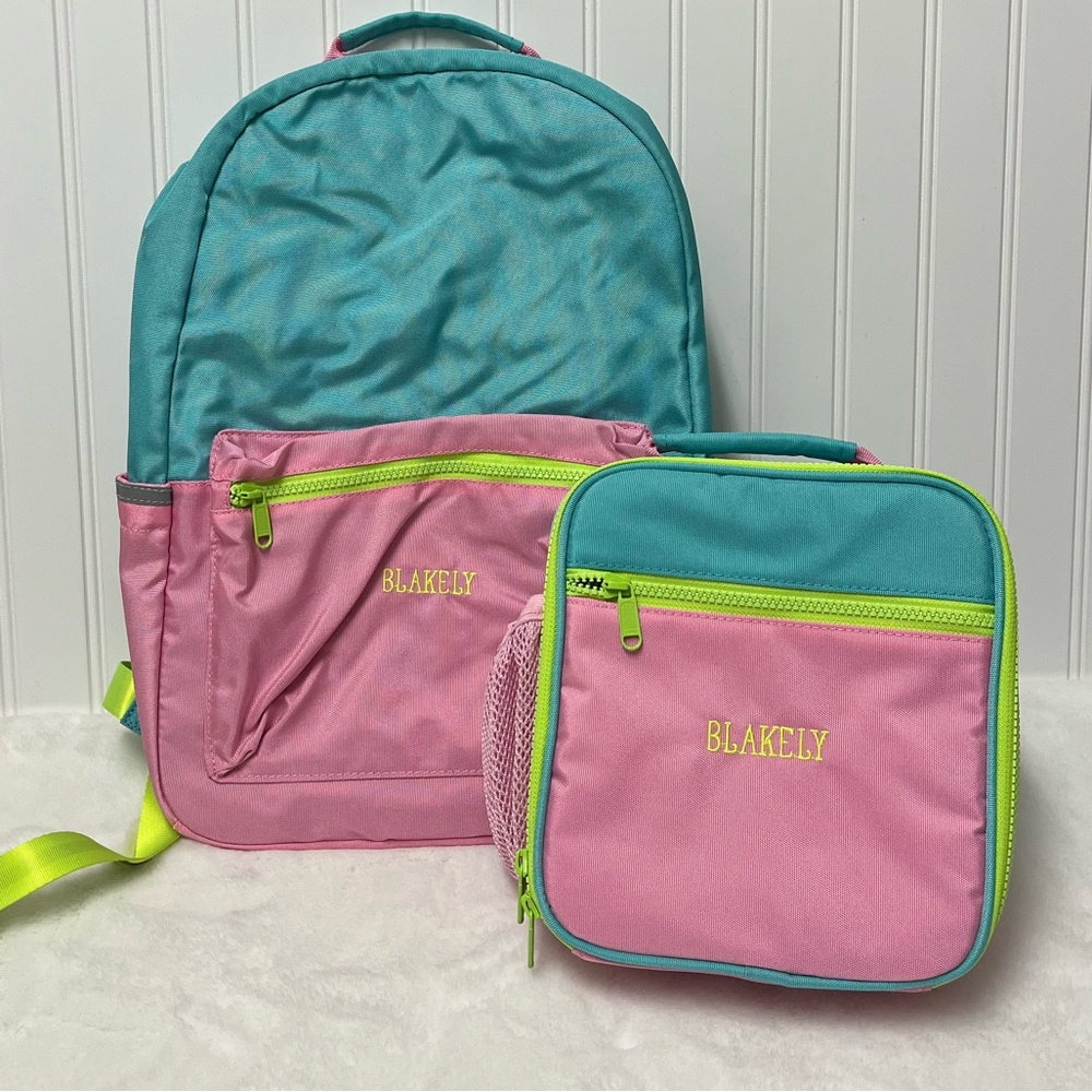 Pottery Barn Kids large Astor pink/aqua new backpack lunchbox